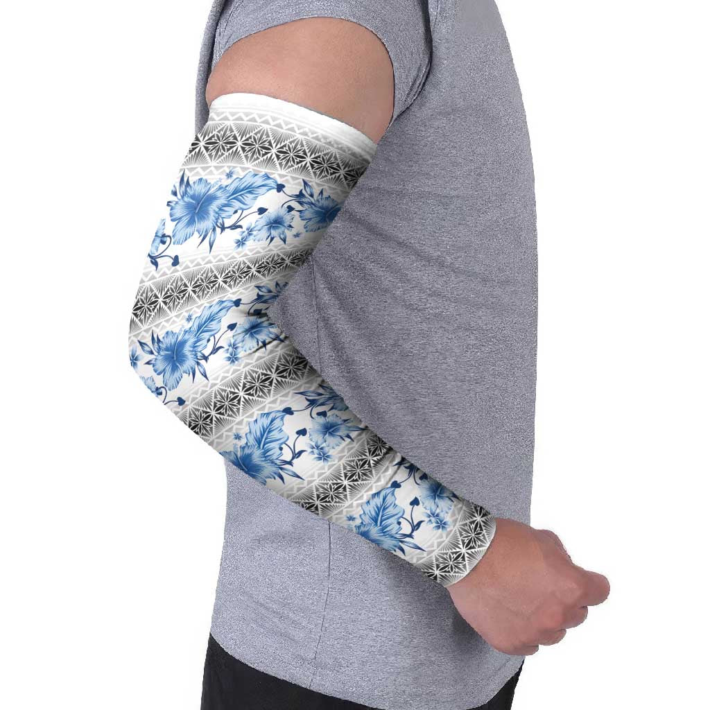 Samoa White Sunday Arm Sleeves Samoan Tapa Blue Hibiscus LT05 - Polynesian Pride