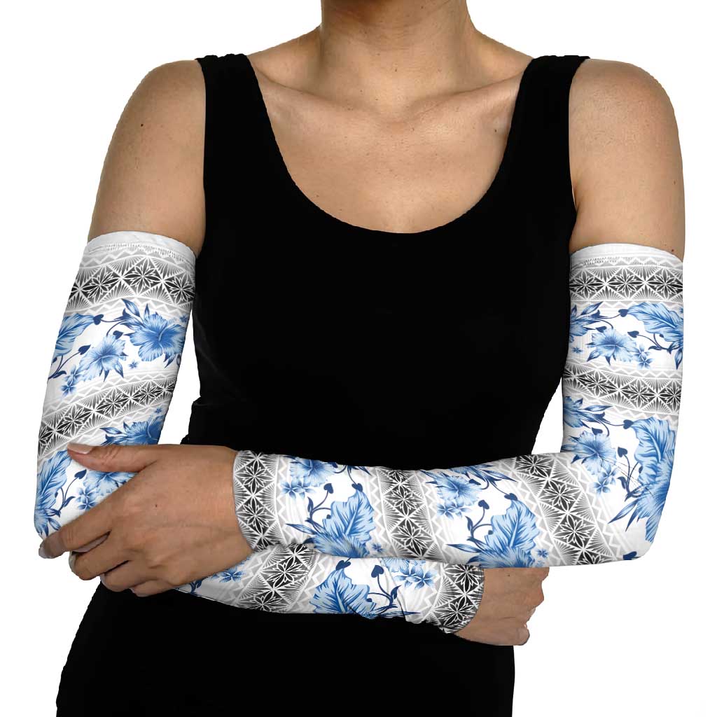 Samoa White Sunday Arm Sleeves Samoan Tapa Blue Hibiscus LT05 - Polynesian Pride