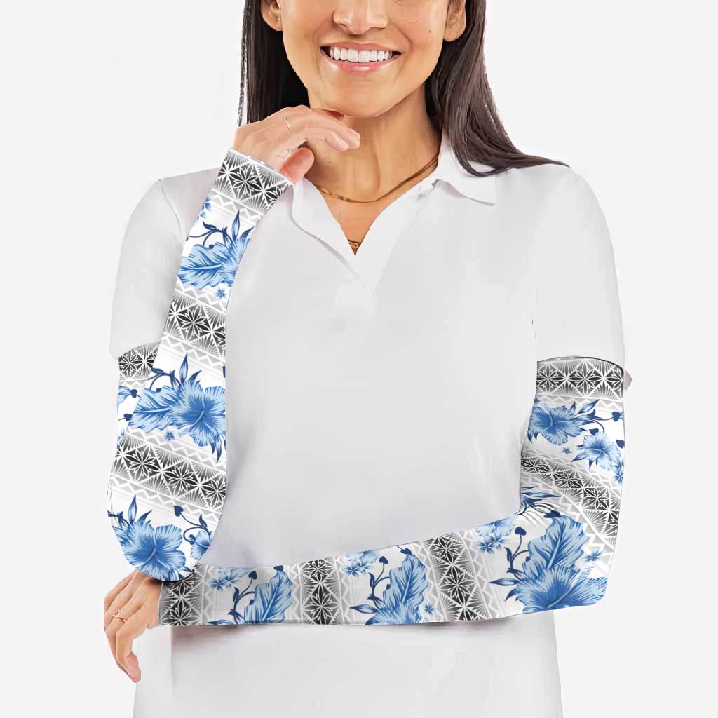 Samoa White Sunday Arm Sleeves Samoan Tapa Blue Hibiscus LT05 - Polynesian Pride