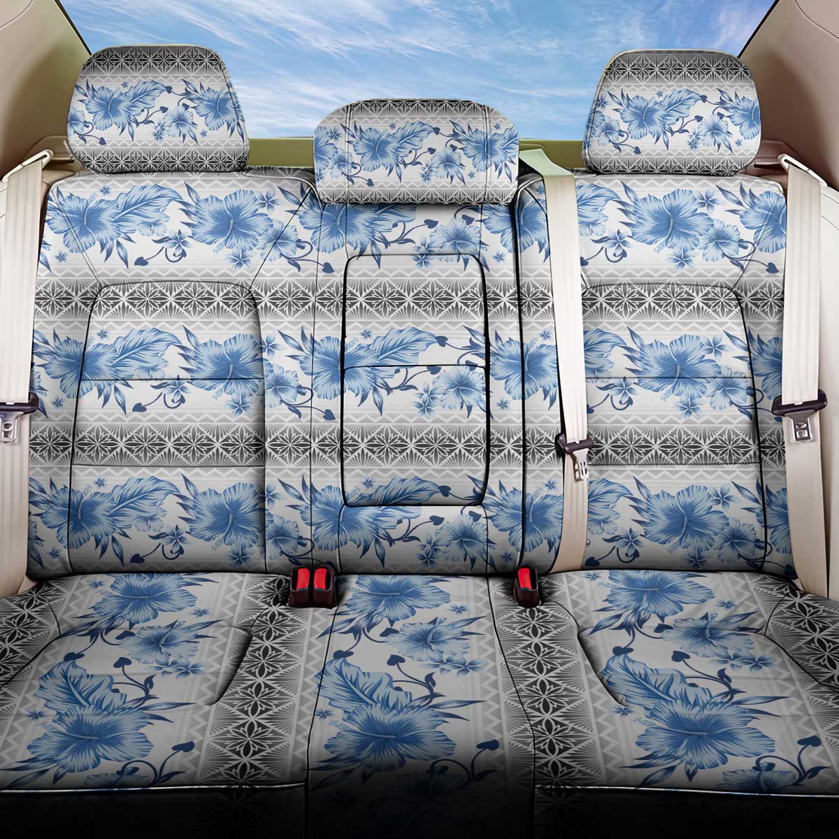 Samoa White Sunday Back Car Seat Cover Samoan Tapa Blue Hibiscus LT05 One Size Blue - Polynesian Pride