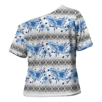 Samoa White Sunday Cross Shoulder Shirt Samoan Tapa Blue Hibiscus LT05 - Polynesian Pride