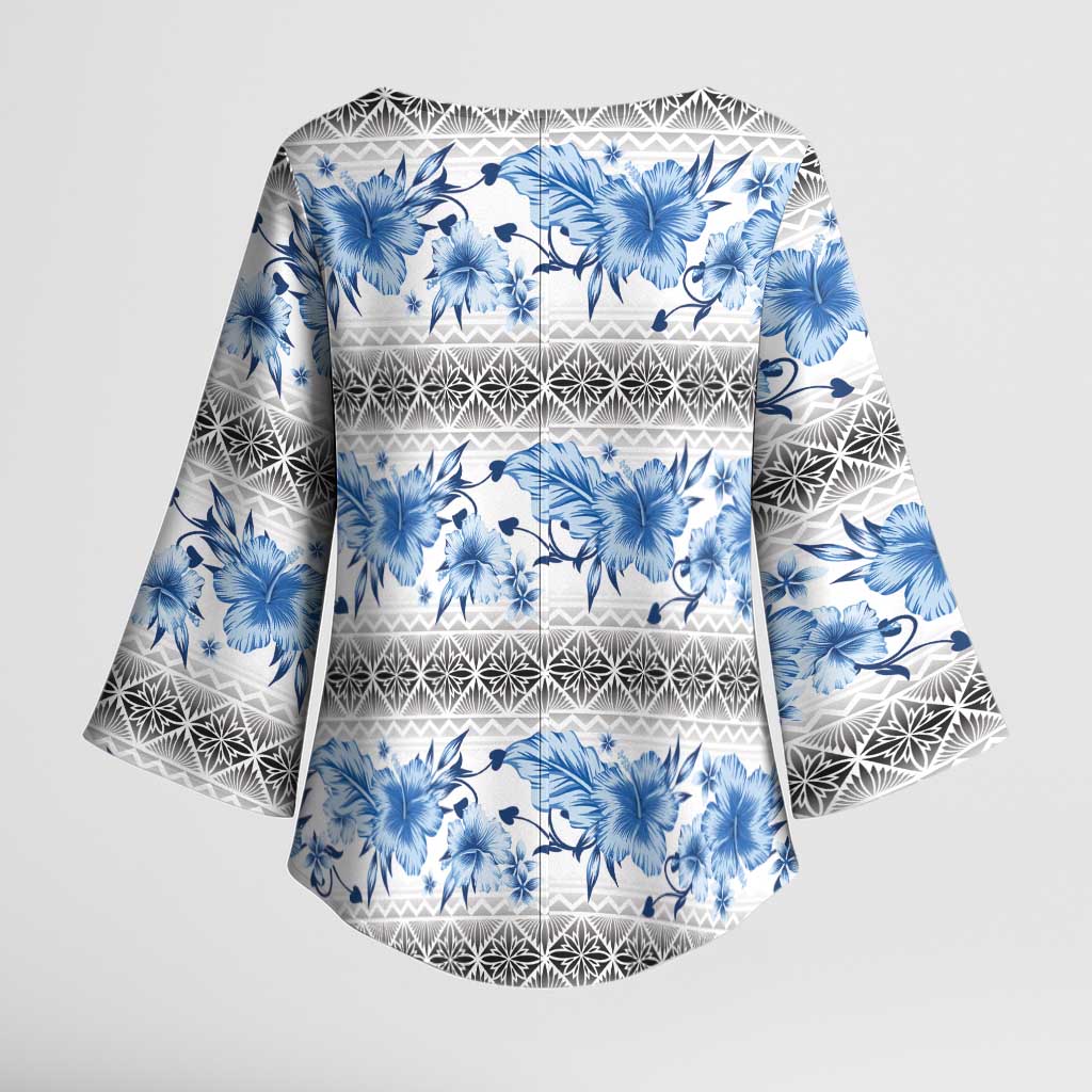Samoa White Sunday Kimono Sleeve Blouse Samoan Tapa Blue Hibiscus LT05 - Polynesian Pride