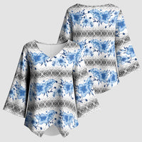 Samoa White Sunday Kimono Sleeve Blouse Samoan Tapa Blue Hibiscus LT05 - Polynesian Pride
