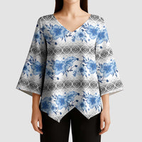 Samoa White Sunday Kimono Sleeve Blouse Samoan Tapa Blue Hibiscus LT05 - Polynesian Pride