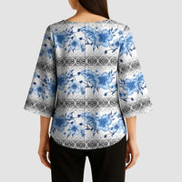 Samoa White Sunday Kimono Sleeve Blouse Samoan Tapa Blue Hibiscus LT05 - Polynesian Pride