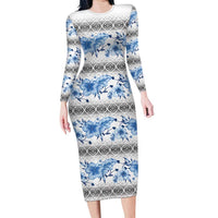 Samoa White Sunday Long Sleeve Bodycon Dress Samoan Tapa Blue Hibiscus LT05 Long Dress Blue - Polynesian Pride