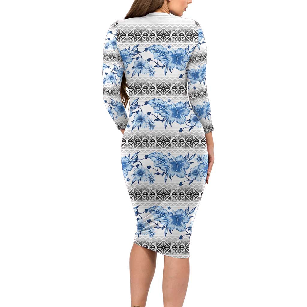 Samoa White Sunday Long Sleeve Bodycon Dress Samoan Tapa Blue Hibiscus LT05 - Polynesian Pride