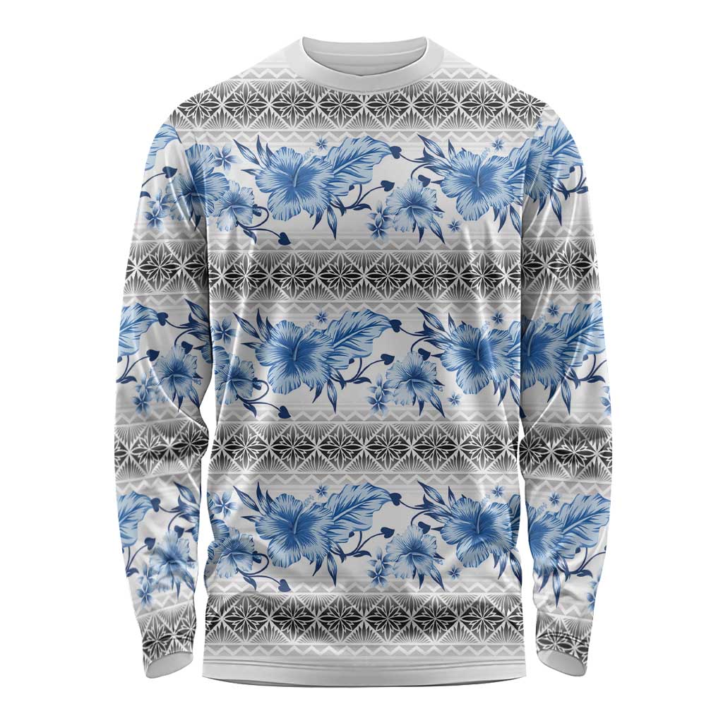 Samoa White Sunday Long Sleeve Shirt Samoan Tapa Blue Hibiscus LT05 Unisex Blue - Polynesian Pride