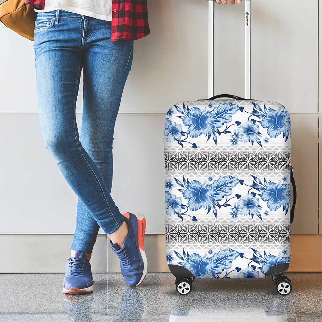 Samoa White Sunday Luggage Cover Samoan Tapa Blue Hibiscus LT05 - Polynesian Pride