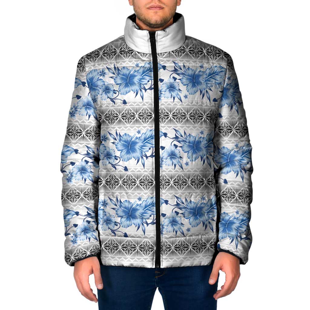 Samoa White Sunday Padded Jacket Samoan Tapa Blue Hibiscus LT05 Men Blue - Polynesian Pride