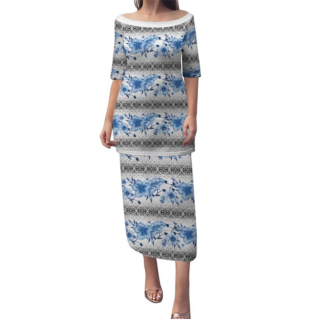 Samoa White Sunday Puletasi Samoan Tapa Blue Hibiscus LT05 Long Dress Blue - Polynesian Pride