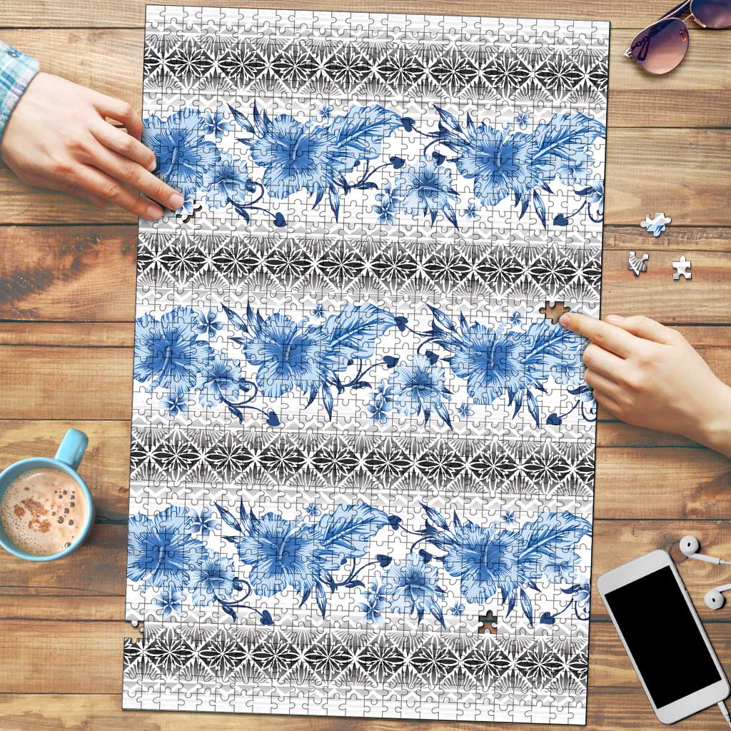 Samoa White Sunday Puzzle Samoan Tapa Blue Hibiscus LT05 Blue - Polynesian Pride