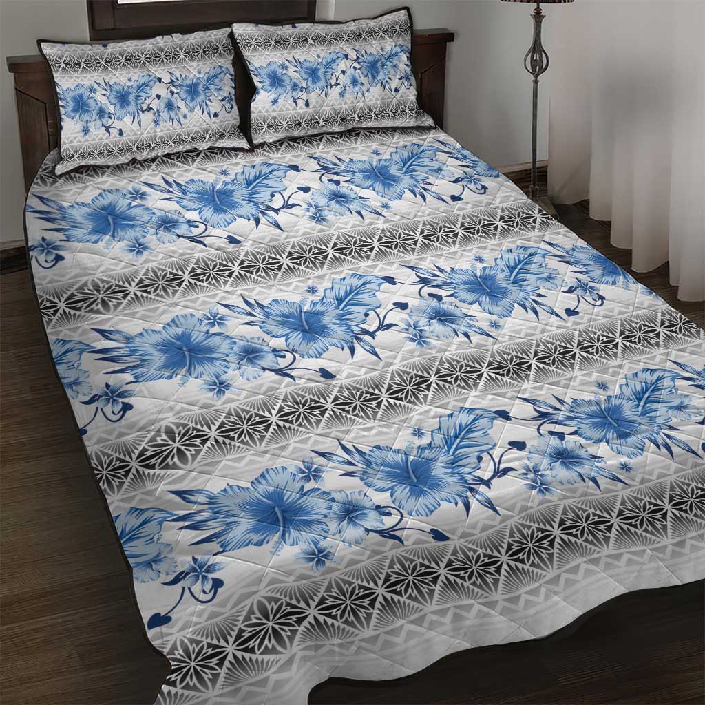 Samoa White Sunday Quilt Bed Set Samoan Tapa Blue Hibiscus LT05 Blue - Polynesian Pride