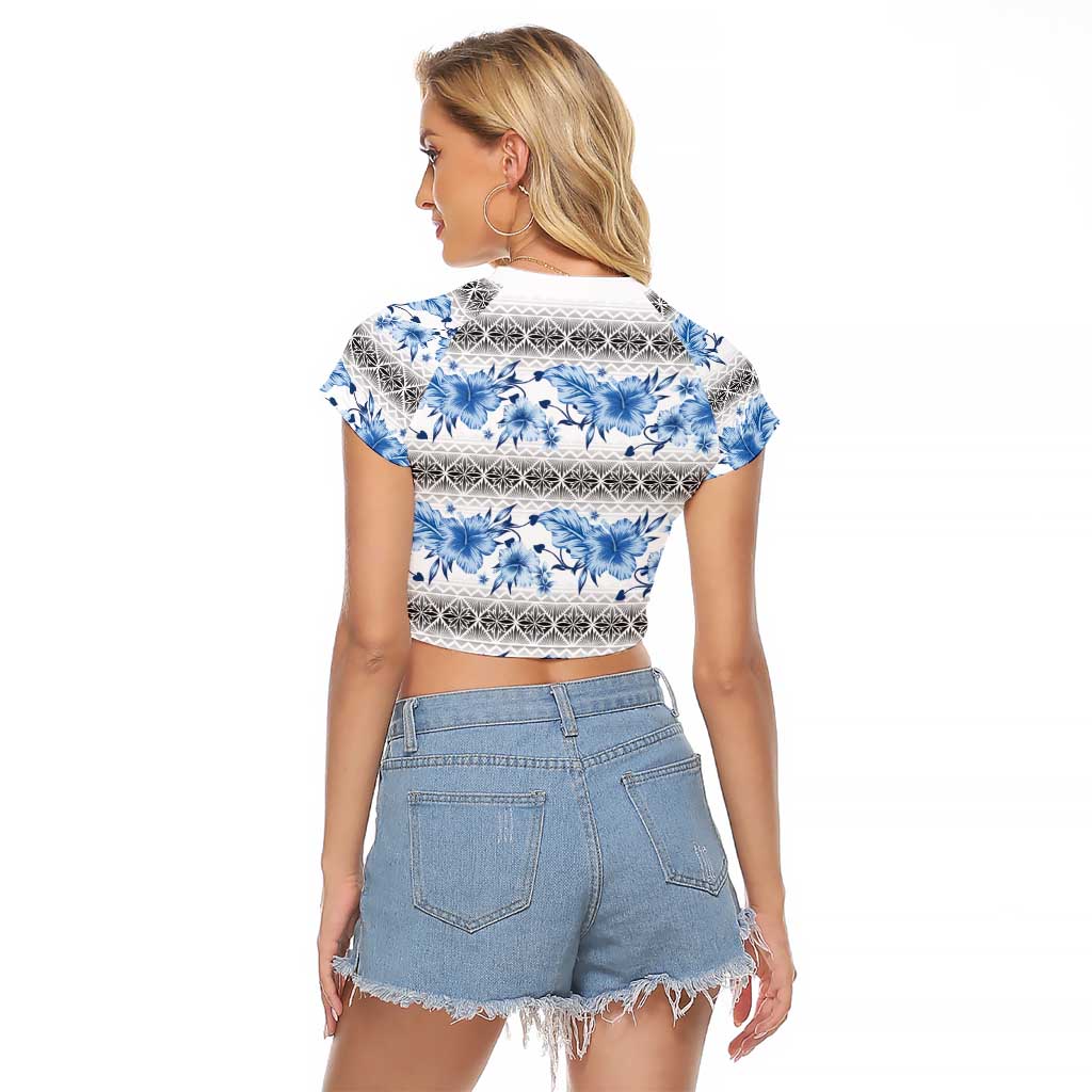 Samoa White Sunday Raglan Cropped T Shirt Samoan Tapa Blue Hibiscus LT05 - Polynesian Pride