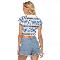 Samoa White Sunday Raglan Cropped T Shirt Samoan Tapa Blue Hibiscus LT05 - Polynesian Pride