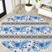 Samoa White Sunday Round Carpet Samoan Tapa Blue Hibiscus LT05 Blue - Polynesian Pride