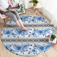 Samoa White Sunday Round Carpet Samoan Tapa Blue Hibiscus LT05 - Polynesian Pride