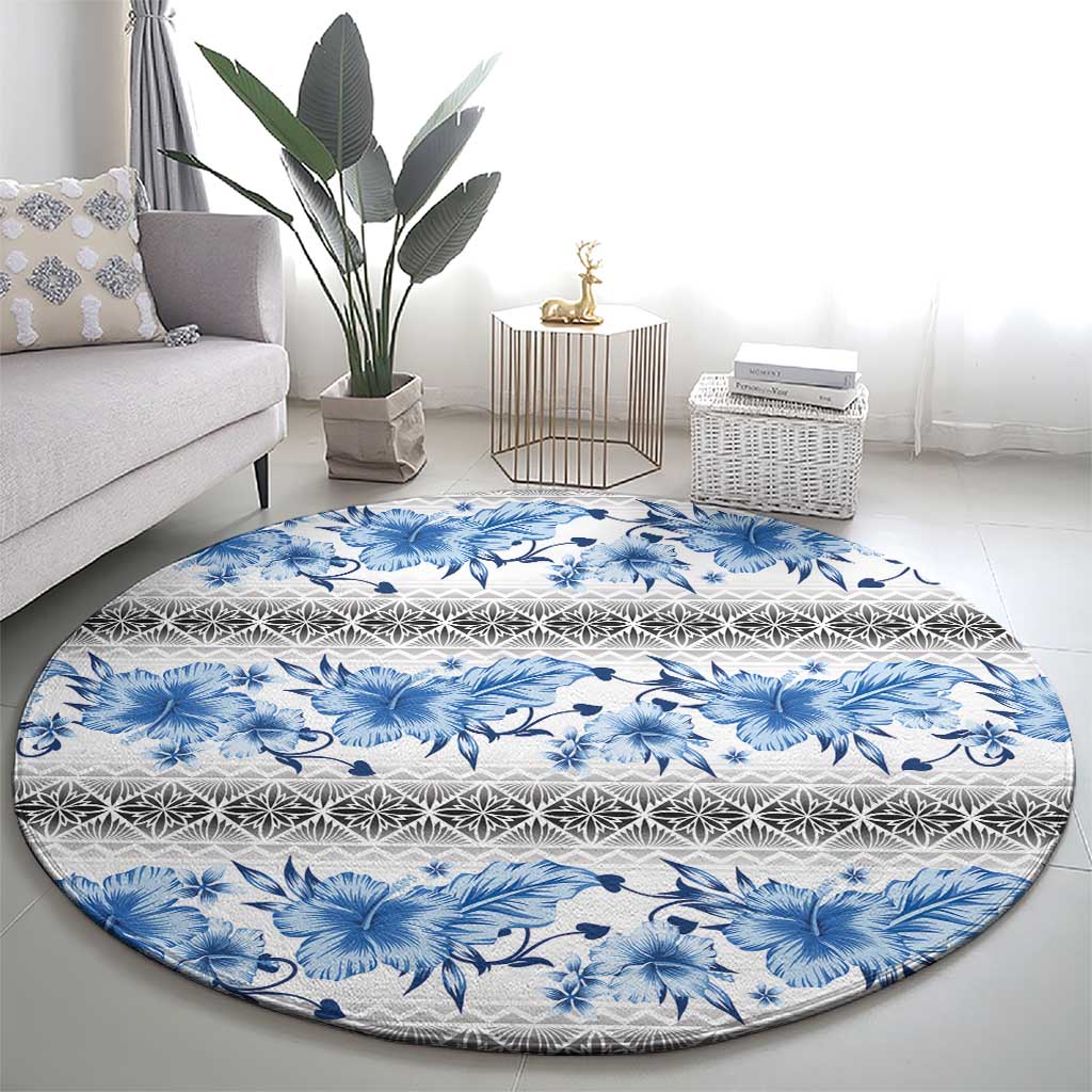 Samoa White Sunday Round Carpet Samoan Tapa Blue Hibiscus LT05 - Polynesian Pride