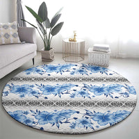 Samoa White Sunday Round Carpet Samoan Tapa Blue Hibiscus LT05 - Polynesian Pride
