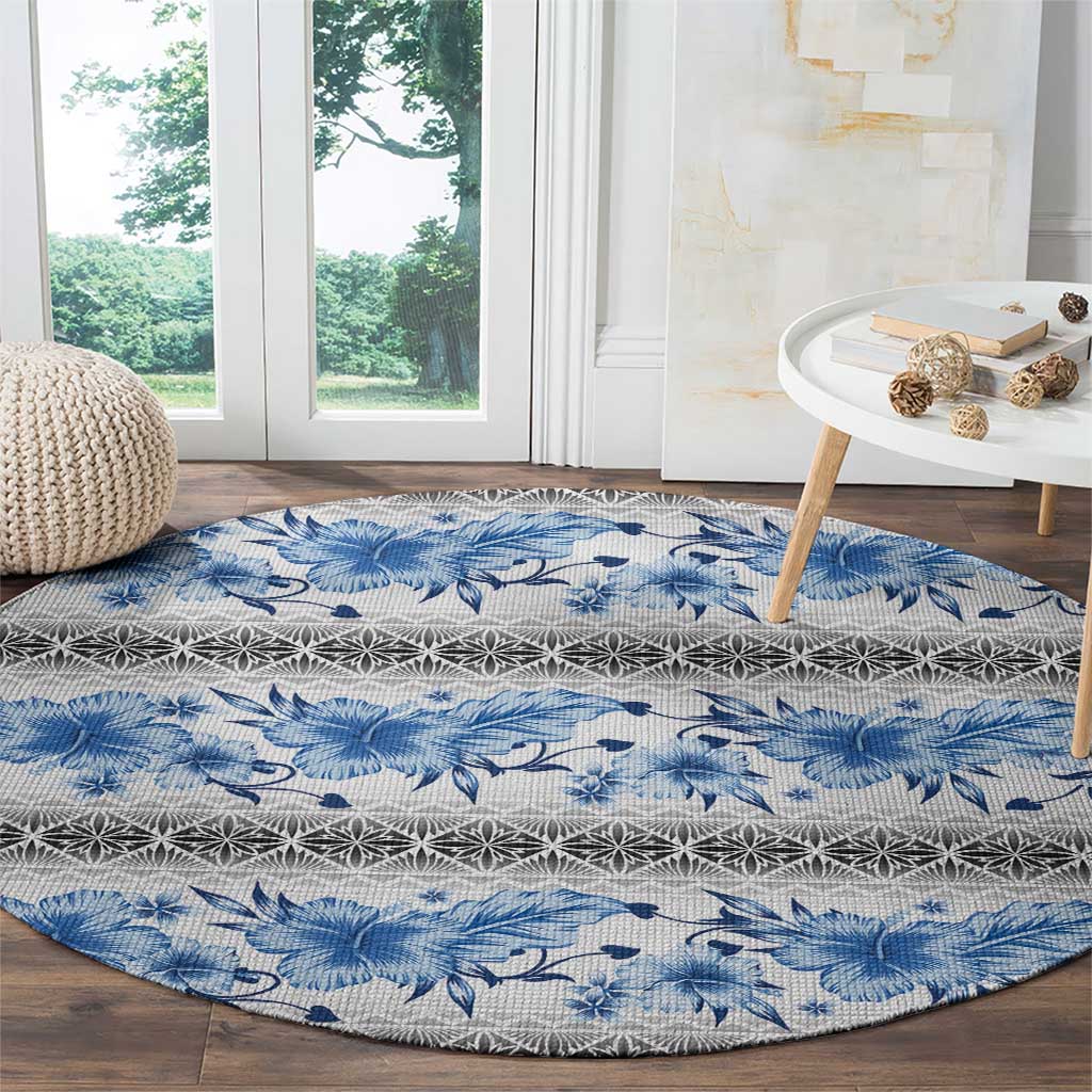 Samoa White Sunday Round Carpet Samoan Tapa Blue Hibiscus LT05 - Polynesian Pride