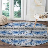 Samoa White Sunday Round Carpet Samoan Tapa Blue Hibiscus LT05 - Polynesian Pride