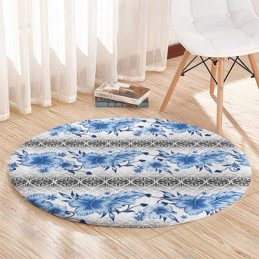 Samoa White Sunday Round Carpet Samoan Tapa Blue Hibiscus LT05 - Polynesian Pride