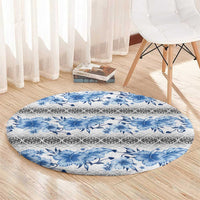 Samoa White Sunday Round Carpet Samoan Tapa Blue Hibiscus LT05 - Polynesian Pride