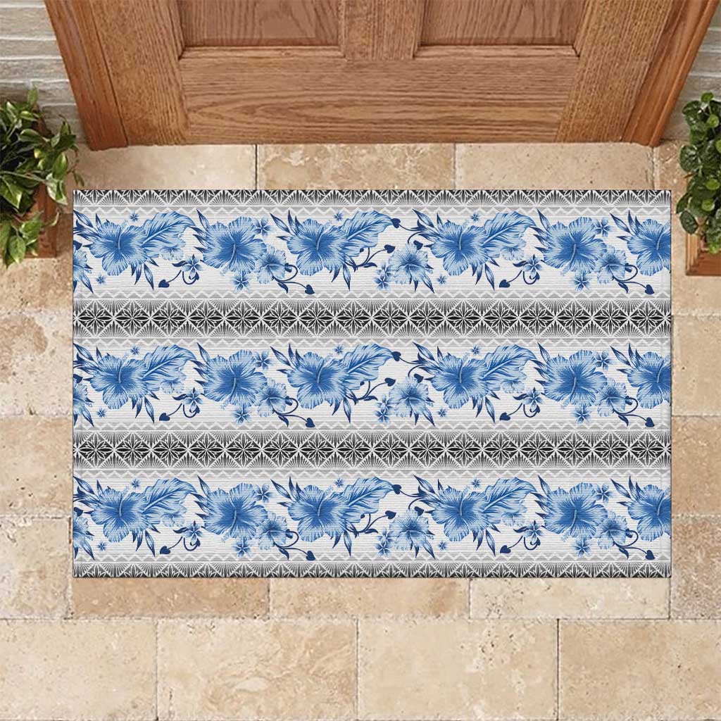 Samoa White Sunday Rubber Doormat Samoan Tapa Blue Hibiscus LT05 Blue - Polynesian Pride