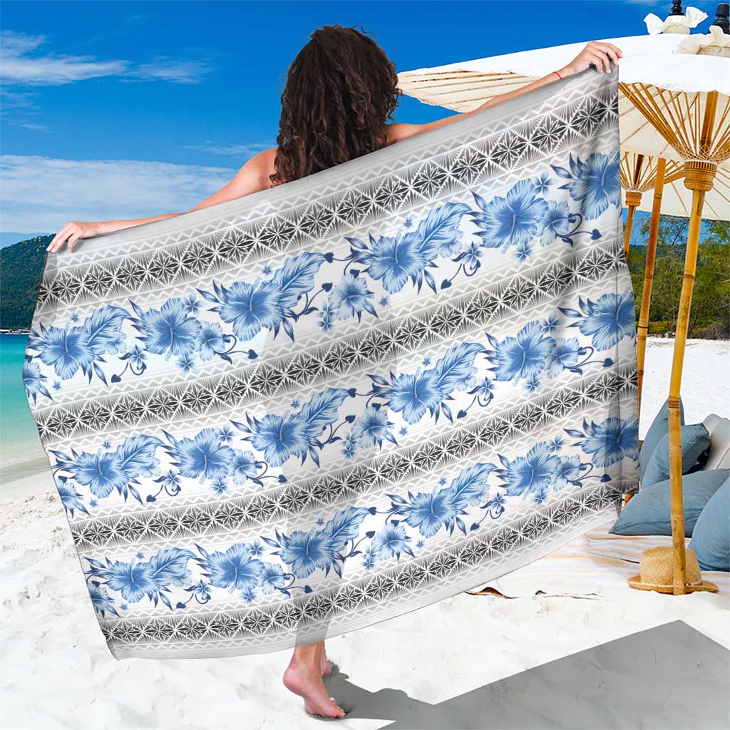 Samoa White Sunday Sarong Samoan Tapa Blue Hibiscus LT05 One Size 44 x 66 inches Blue - Polynesian Pride