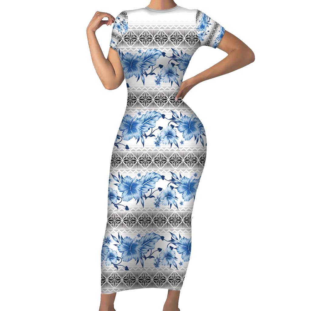 Samoa White Sunday Short Sleeve Bodycon Dress Samoan Tapa Blue Hibiscus LT05 Long Dress Blue - Polynesian Pride