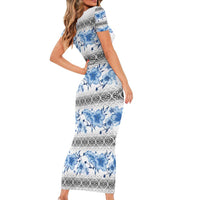 Samoa White Sunday Short Sleeve Bodycon Dress Samoan Tapa Blue Hibiscus LT05 - Polynesian Pride