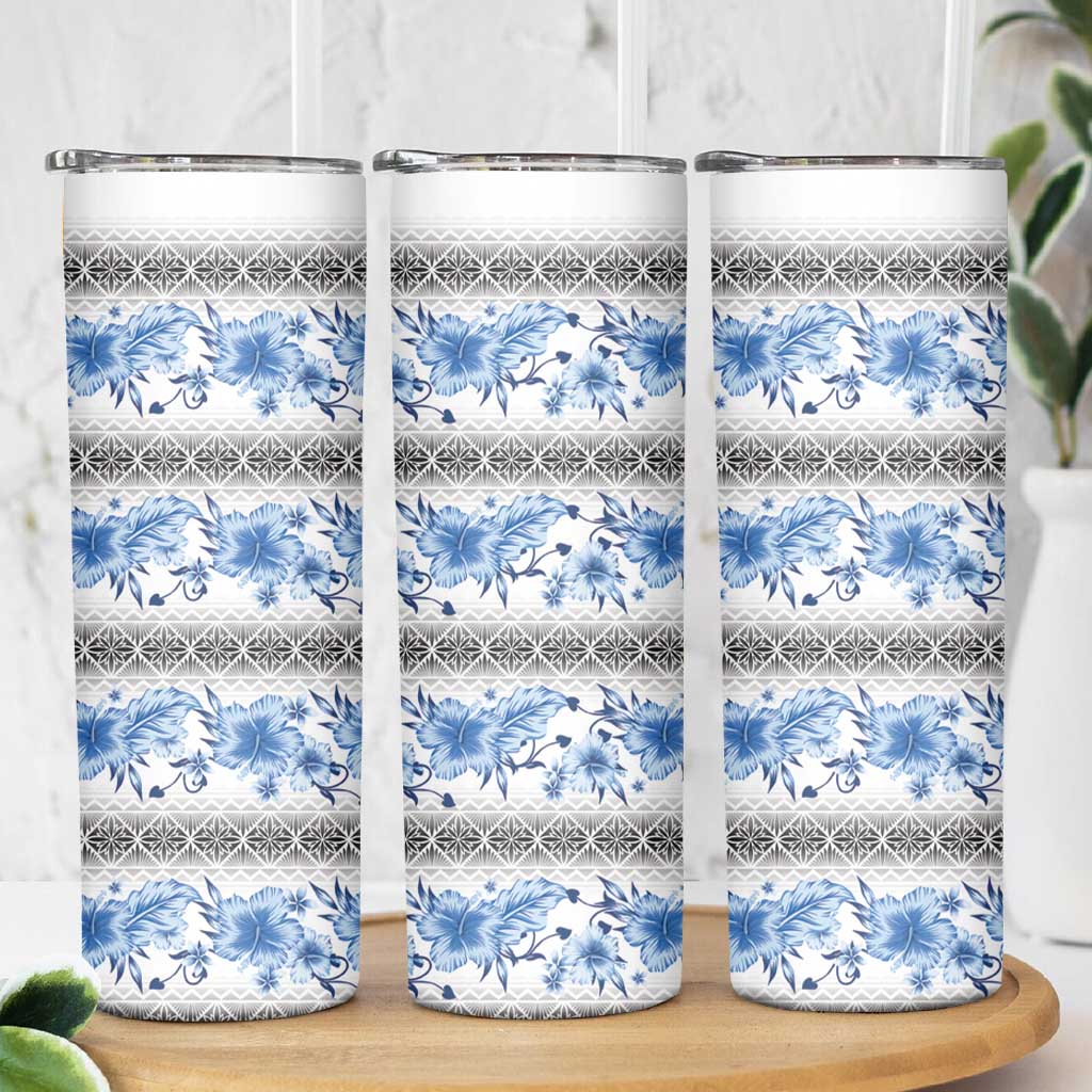 Samoa White Sunday Skinny Tumbler Samoan Tapa Blue Hibiscus LT05 - Polynesian Pride