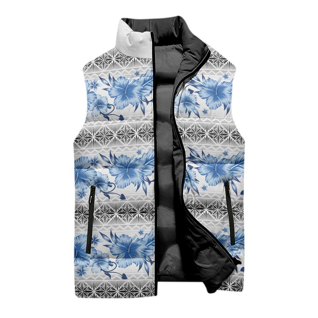 Samoa White Sunday Sleeveless Puffer Jacket Samoan Tapa Blue Hibiscus LT05 - Polynesian Pride