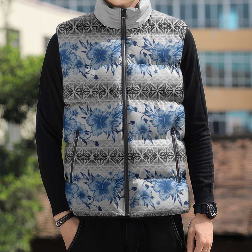 Samoa White Sunday Sleeveless Puffer Jacket Samoan Tapa Blue Hibiscus LT05 - Polynesian Pride
