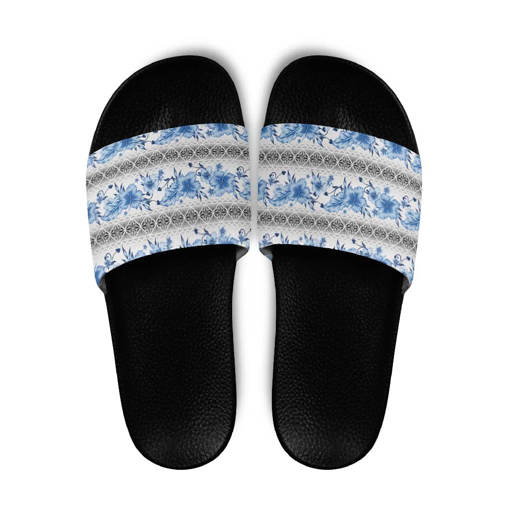 Samoa White Sunday Slide Sandals Samoan Tapa Blue Hibiscus LT05 Blue - Polynesian Pride