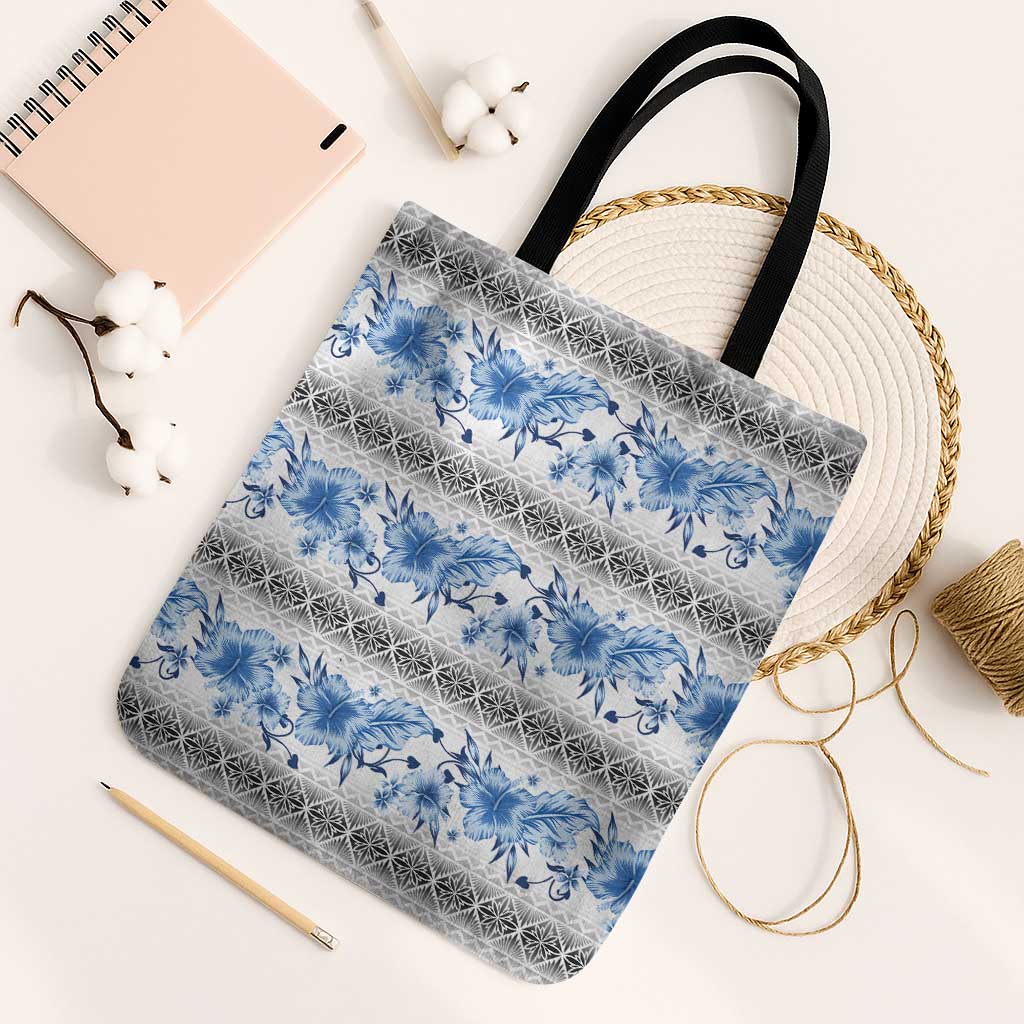 Samoa White Sunday Tote Bag Samoan Tapa Blue Hibiscus LT05 Black Strap One Size Blue - Polynesian Pride