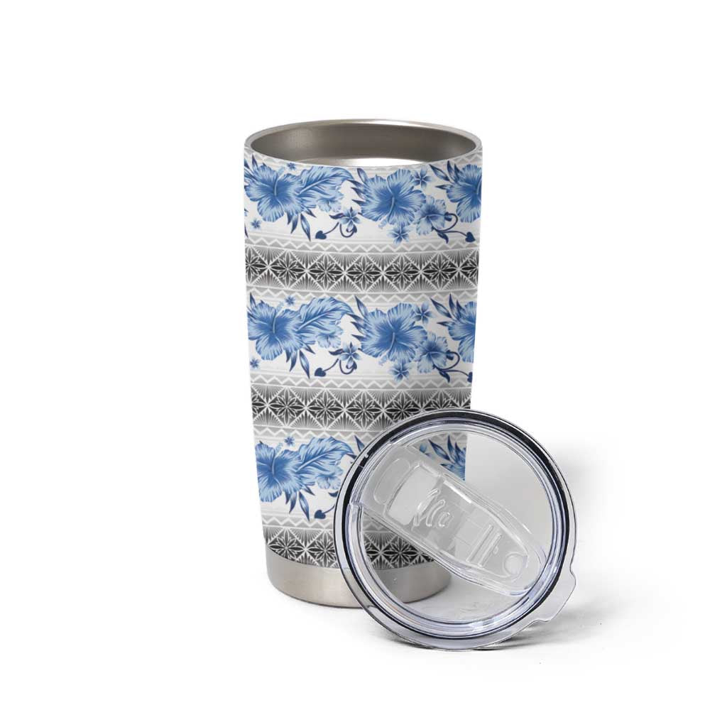 Samoa White Sunday Tumbler Cup Samoan Tapa Blue Hibiscus LT05 - Polynesian Pride