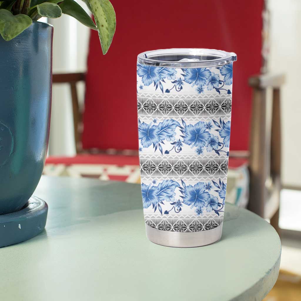 Samoa White Sunday Tumbler Cup Samoan Tapa Blue Hibiscus LT05 - Polynesian Pride