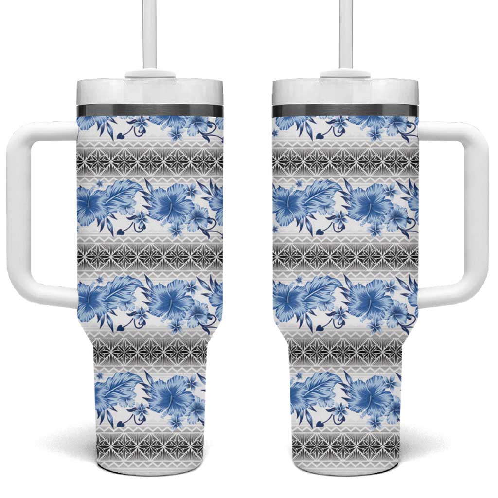 Samoa White Sunday Tumbler With Handle Samoan Tapa Blue Hibiscus LT05 One Size: 40 oz Blue - Polynesian Pride