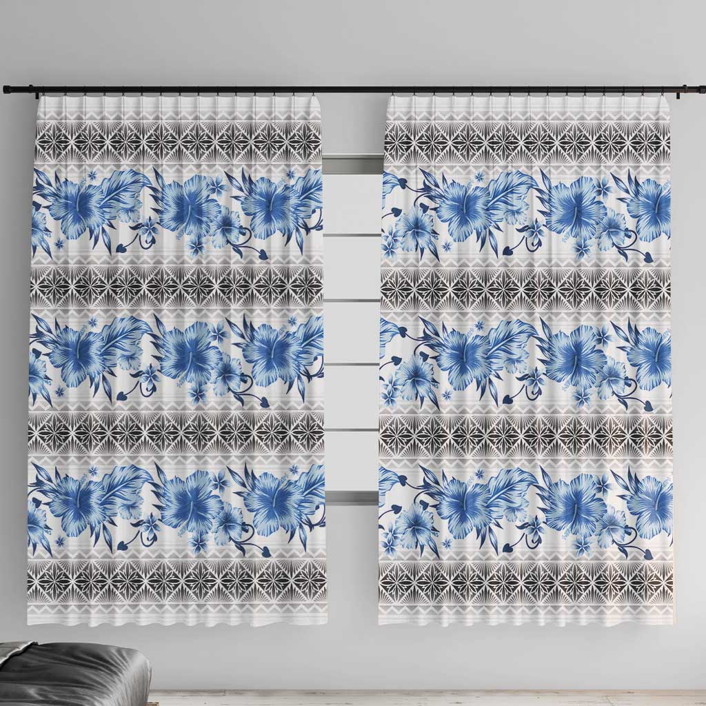 Samoa White Sunday Window Curtain Samoan Tapa Blue Hibiscus LT05 With Hooks Blue - Polynesian Pride
