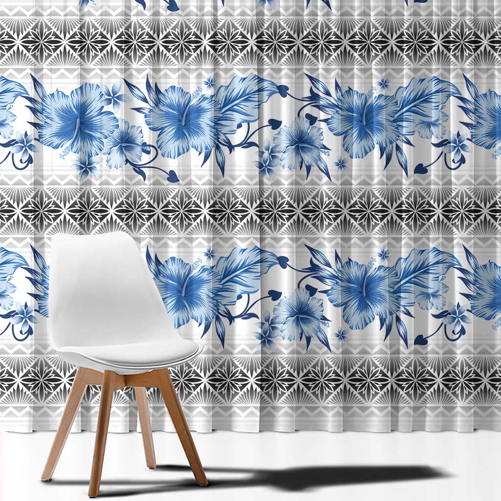 Samoa White Sunday Window Curtain Samoan Tapa Blue Hibiscus LT05 - Polynesian Pride