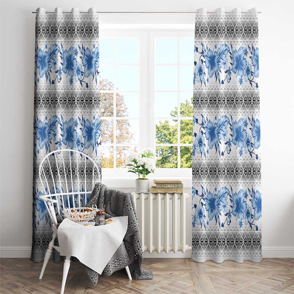 Samoa White Sunday Window Curtain Samoan Tapa Blue Hibiscus LT05 - Polynesian Pride