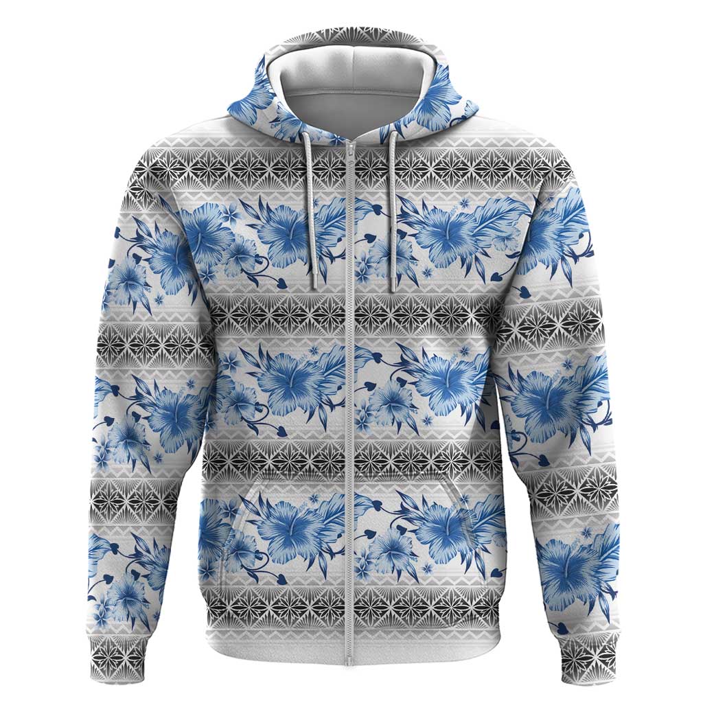 Samoa White Sunday Zip Hoodie Samoan Tapa Blue Hibiscus LT05 Zip Hoodie Blue - Polynesian Pride