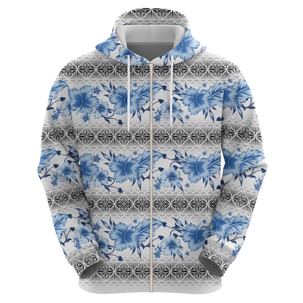 Samoa White Sunday Zip Hoodie Samoan Tapa Blue Hibiscus LT05 - Polynesian Pride