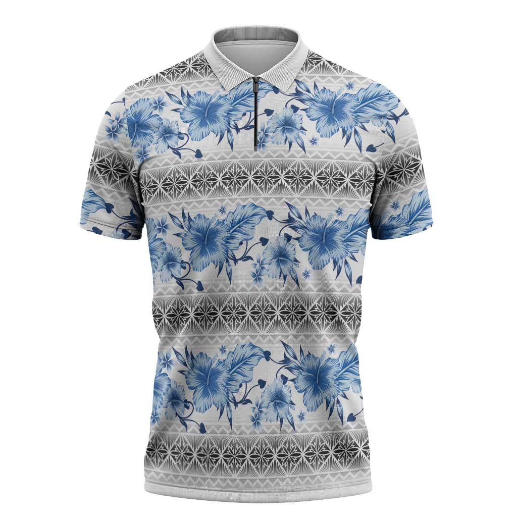 Samoa White Sunday Zipper Polo Shirt Samoan Tapa Blue Hibiscus LT05 Blue - Polynesian Pride