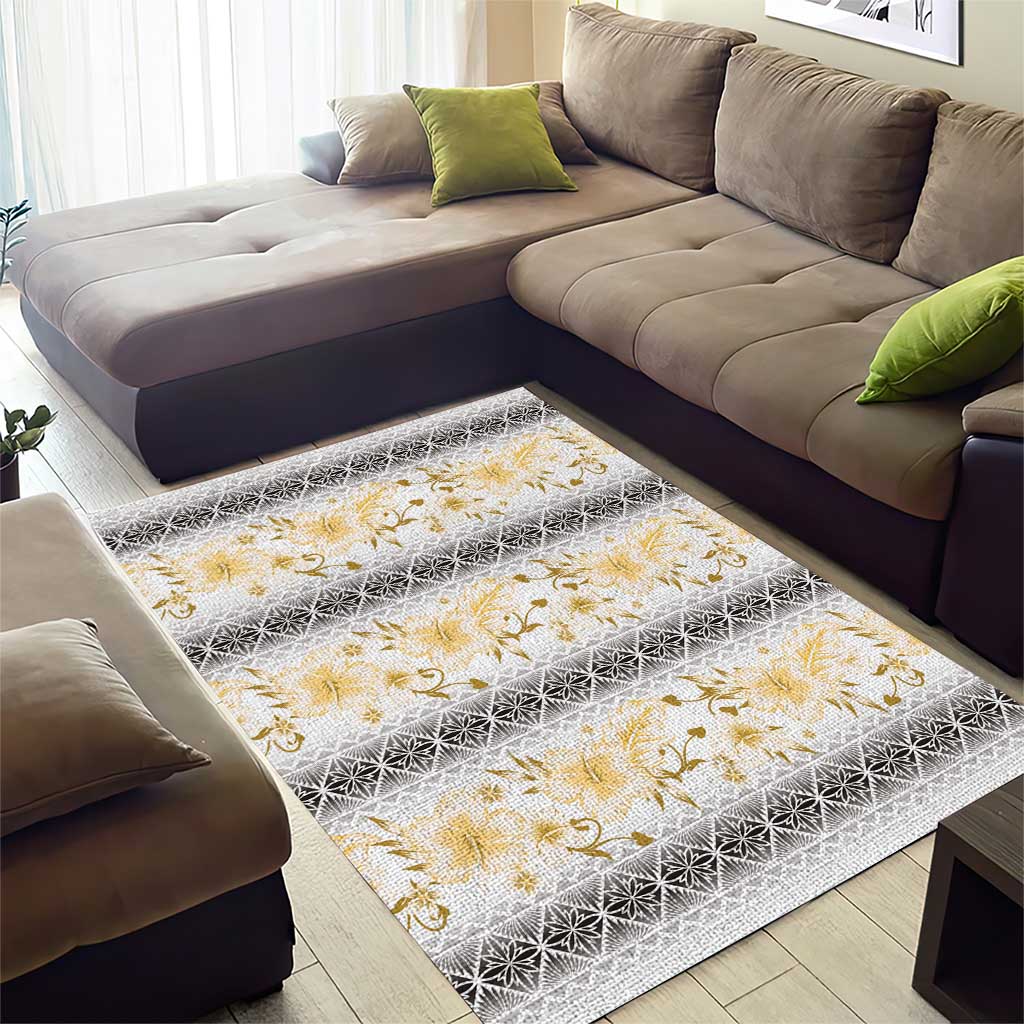 Samoa White Sunday Area Rug Samoan Tapa Yellow Hibiscus LT05 - Polynesian Pride