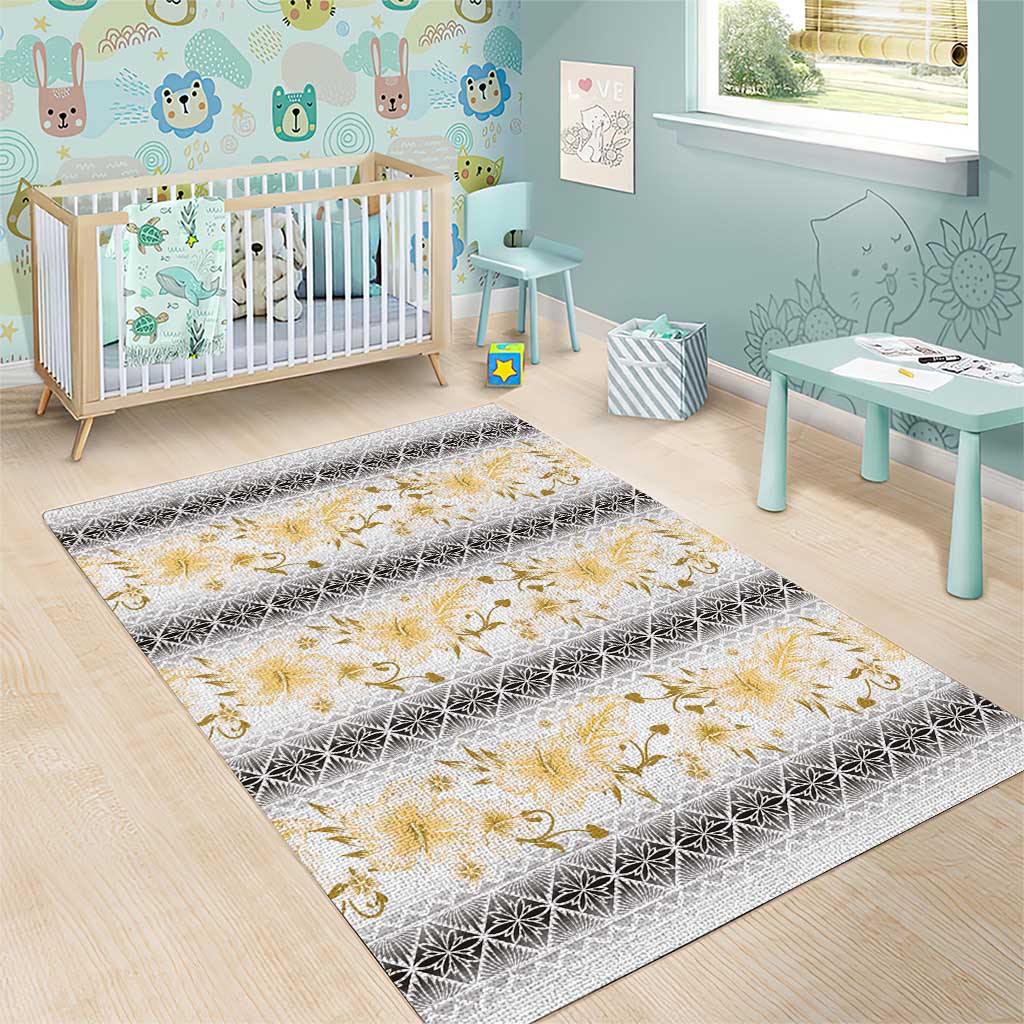 Samoa White Sunday Area Rug Samoan Tapa Yellow Hibiscus LT05 - Polynesian Pride
