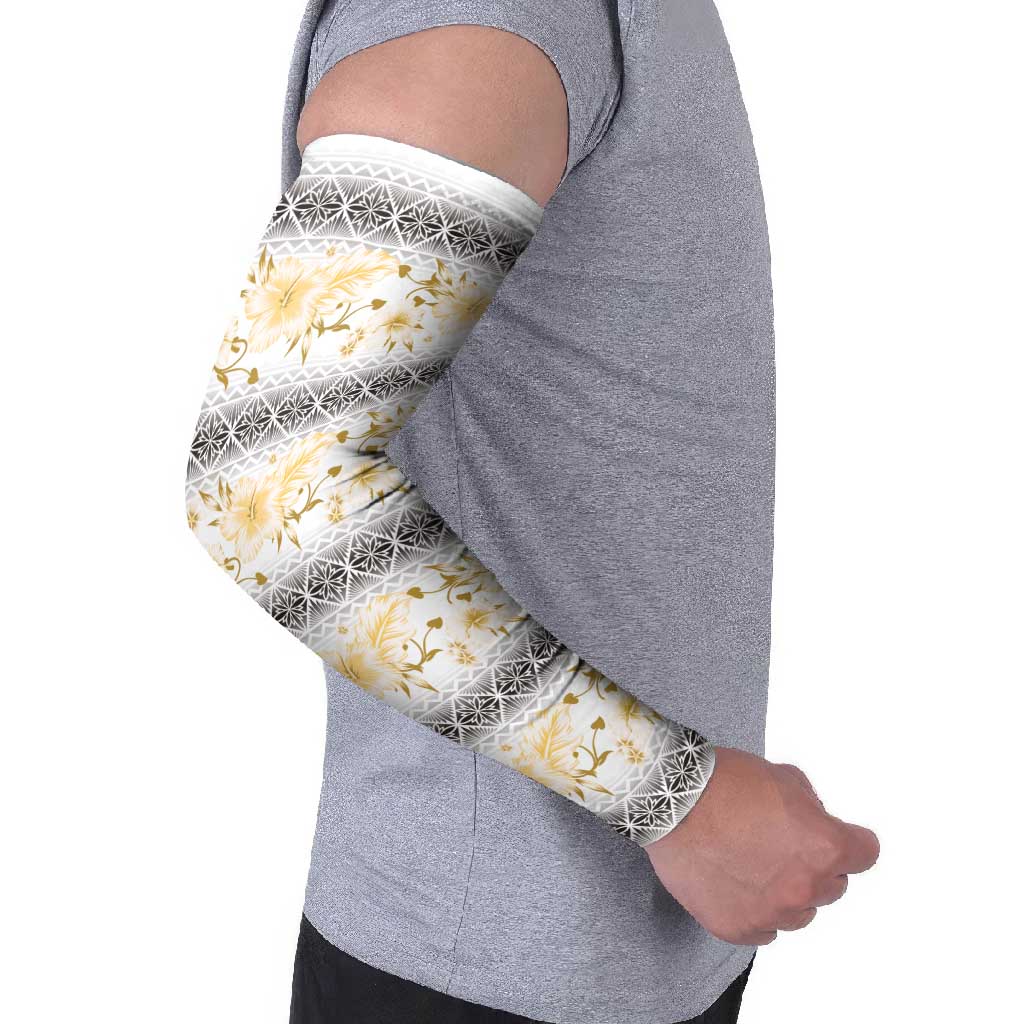 Samoa White Sunday Arm Sleeves Samoan Tapa Yellow Hibiscus LT05 - Polynesian Pride