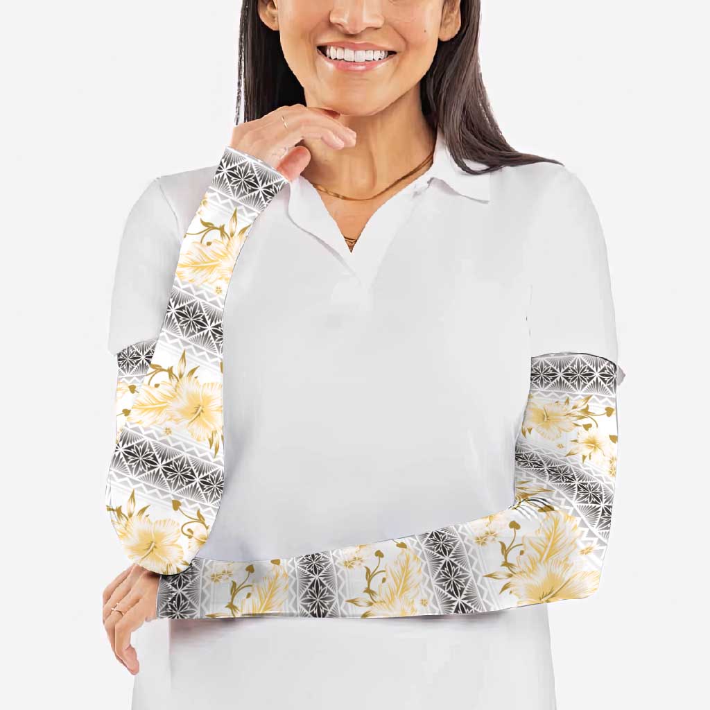Samoa White Sunday Arm Sleeves Samoan Tapa Yellow Hibiscus LT05 - Polynesian Pride