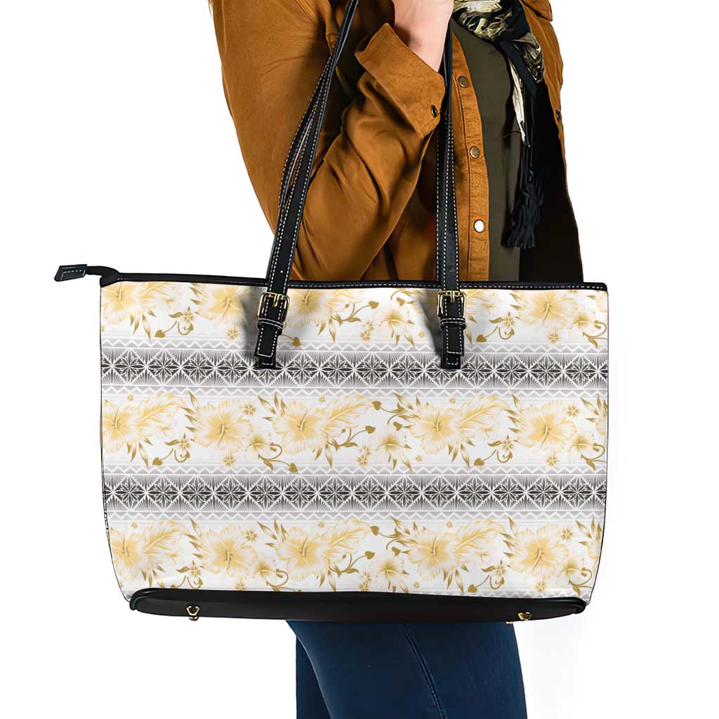 Samoa White Sunday Leather Tote Bag Samoan Tapa Yellow Hibiscus LT05 - Polynesian Pride